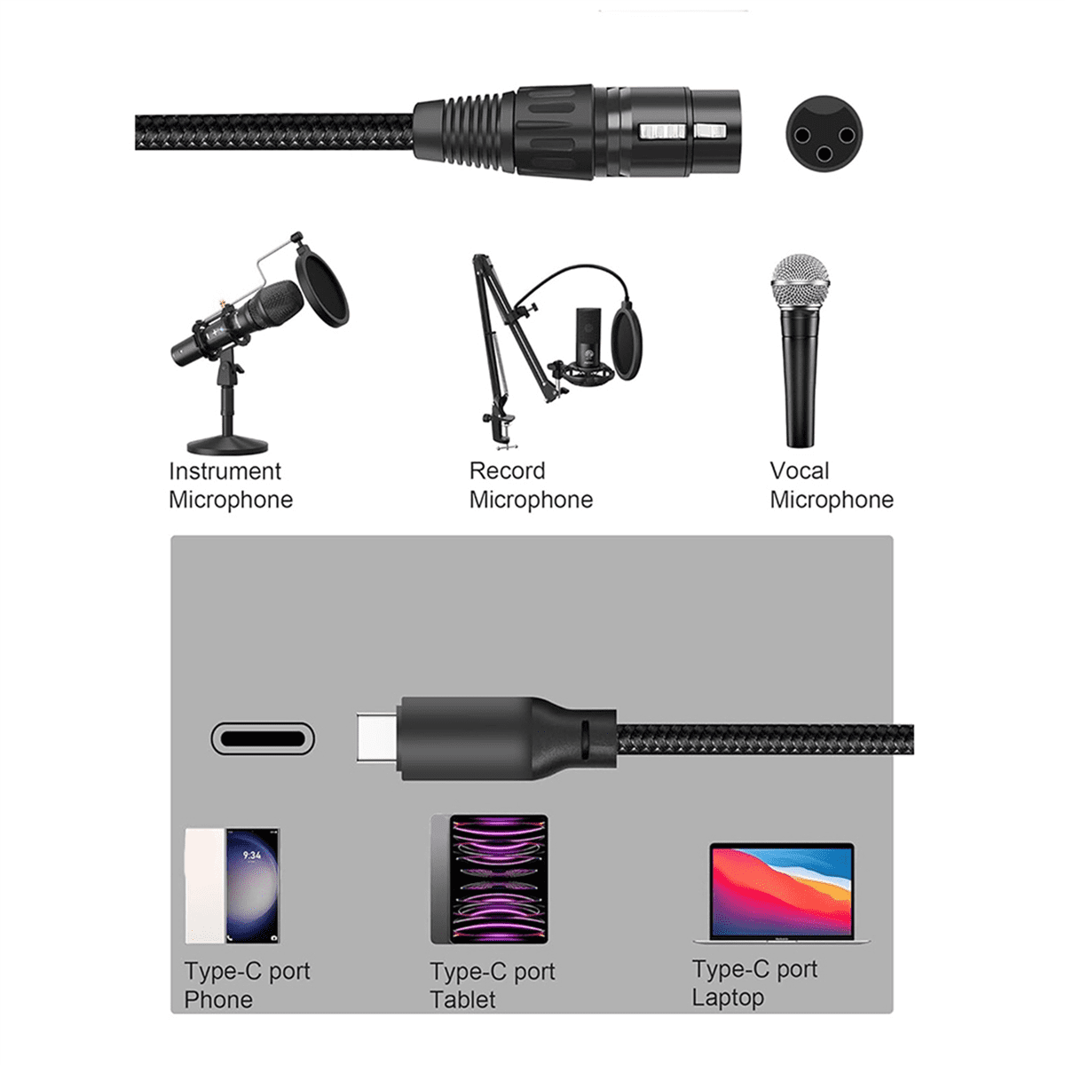 3X XLR to USB C for Phone Microphone Cable Tablet, Laptop and Other Type Device(6FT)