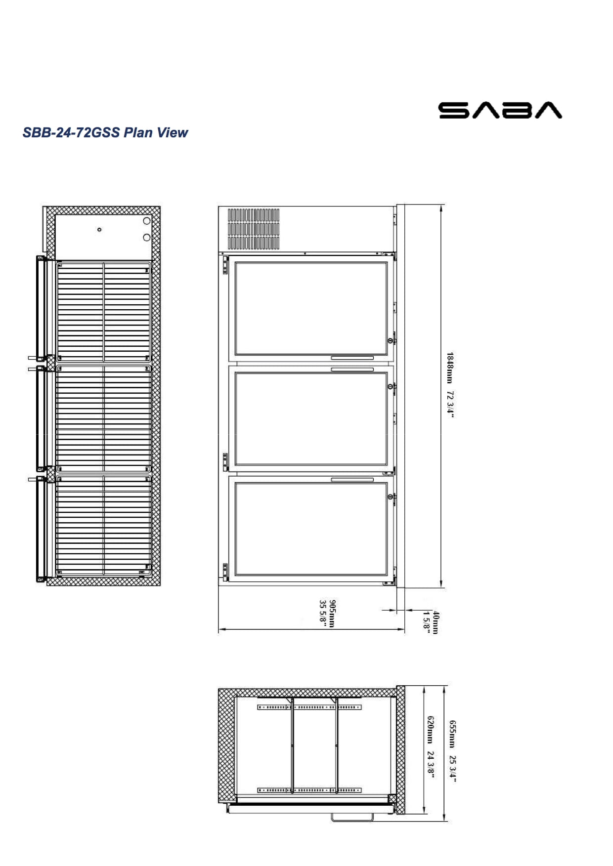 Heavy Duty Commercial Stainless Steel Back Bar Cooler with 3 Glass Doors (24" depth 72" length)