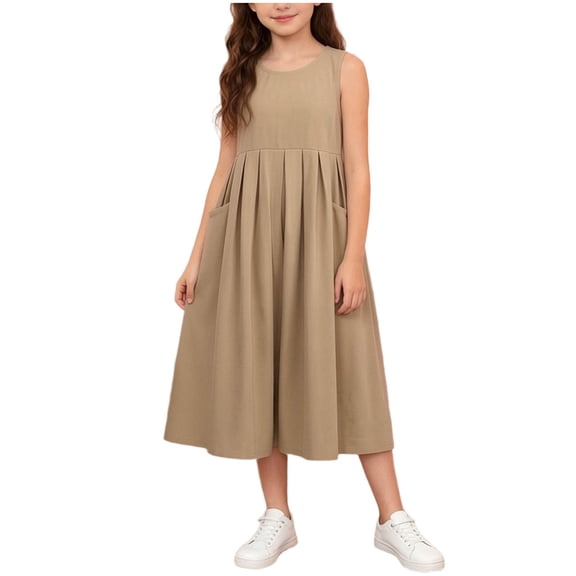 MGDXOX Girls Sleeveless Cotton Dress with Pleated Bodice and Side Pockets Casual Loose Swing Dress for Everyday Wear Khaki 11-12 Years