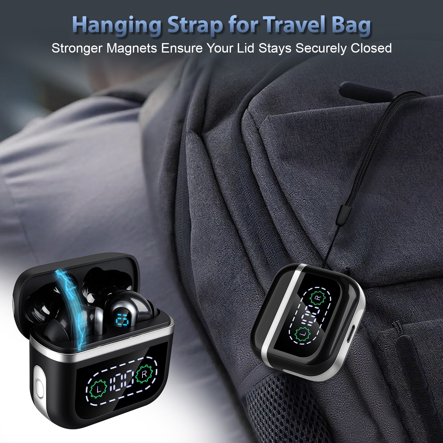Wireless Earbuds for Android with Strap,Bluetooth 5.4 Earbuds Headphones Noise Cancelling LED Power Display Dual Mic w Charging Case Headphone Wireless Earbuds Compatible with iPhone/Android,Black