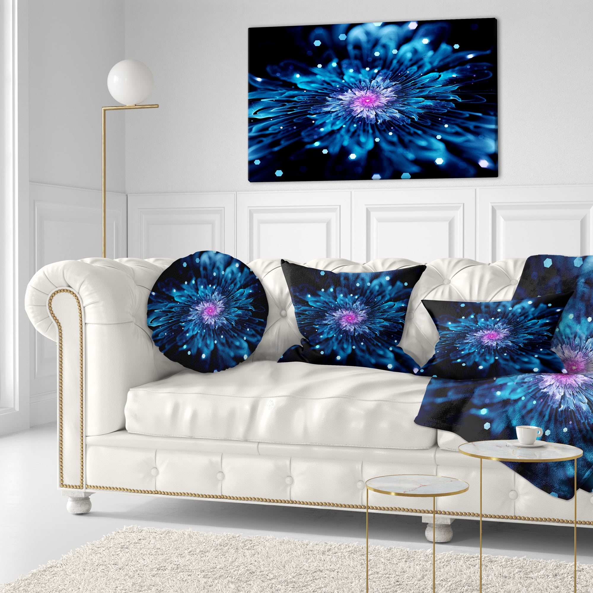 Designart Blue Fractal Flower with Shiny Particles - Flower Throw Pillow - 12x20