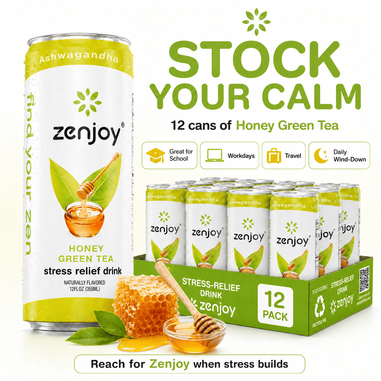 Zenjoy Stress Reief Drink, Calming Green Tea, Non Alcoholic, Ashwagandha & Lemon Balm for Stress Relief, L - Theanine for Focus (12 Pack) (Honey)
