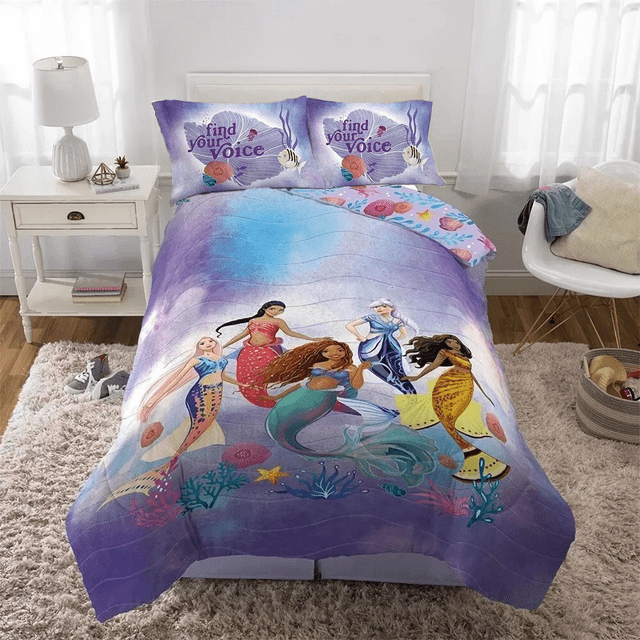 Little Mermaid « Aquatic Outlines » Ensemble de Draps 5 Pcs Doux et Confortable pour Lit Double pour Enfants