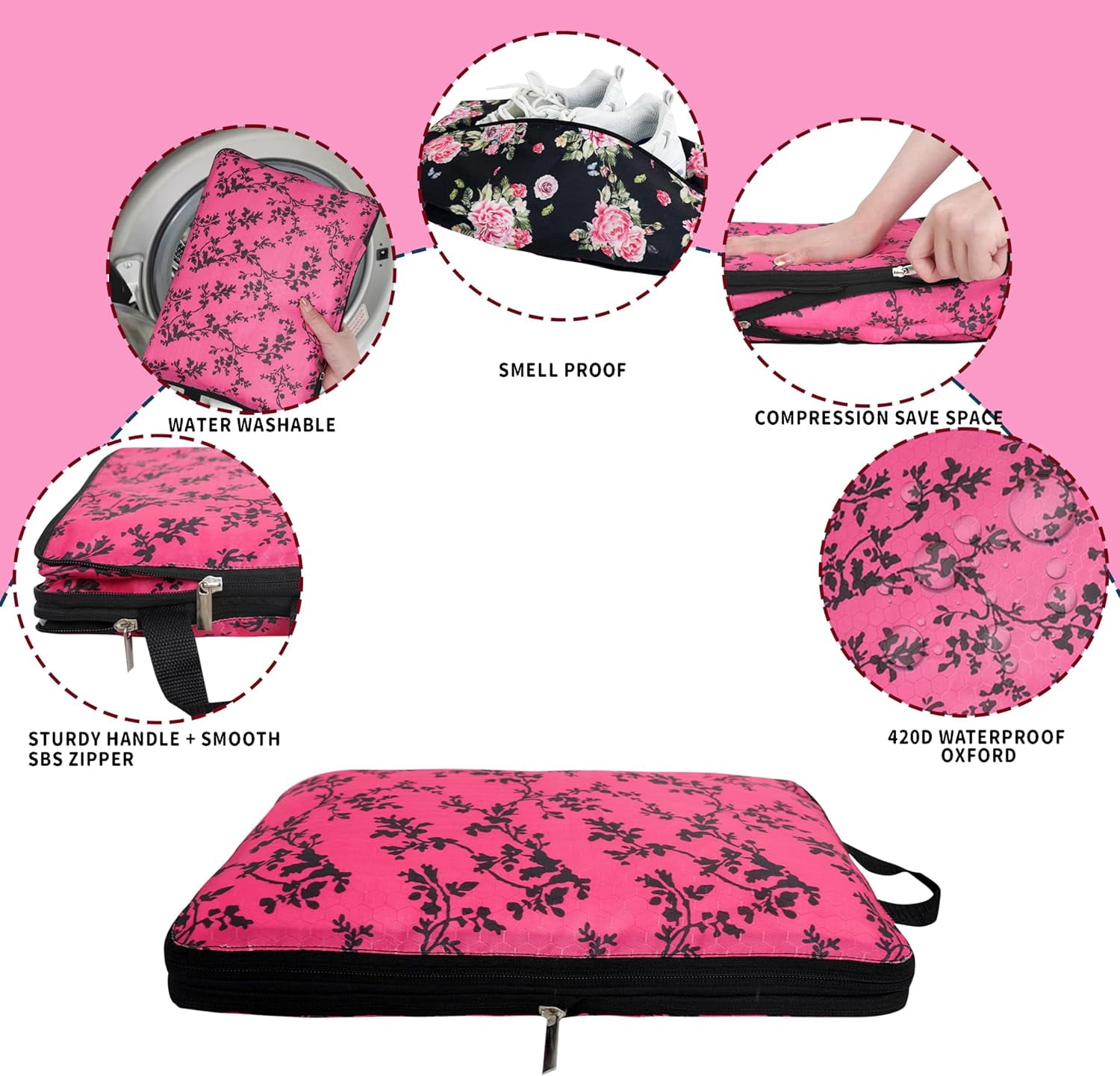 Compression Packing Cubes for Suitcases, 6 Set Travel Luggage Organizer Bags, Lightweight Waterproof Smell Proof Black Floral Packing Cubes as Travel Accessories for Women