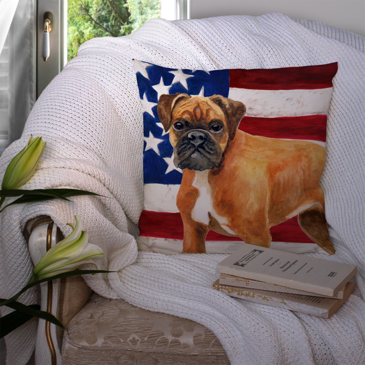 Carolines Treasures BB9640PW1414 German Boxer Patriotic Fabric Decorative Pillow 14Hx14W multicolor