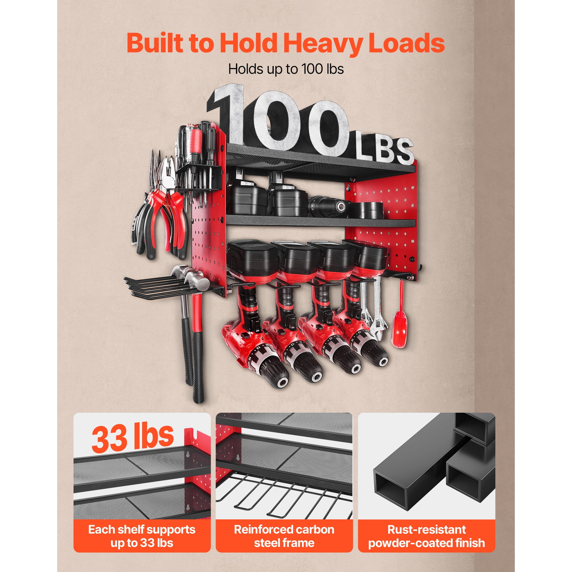 KFFKFF Wall-Mounted Power Tool Organizer, 3-Tier Storage Rack with 4 Drill Slots, Tool Holder and Storage Shelf with Side Pegboards, Ideal for Garage, Workbench, and Workshop