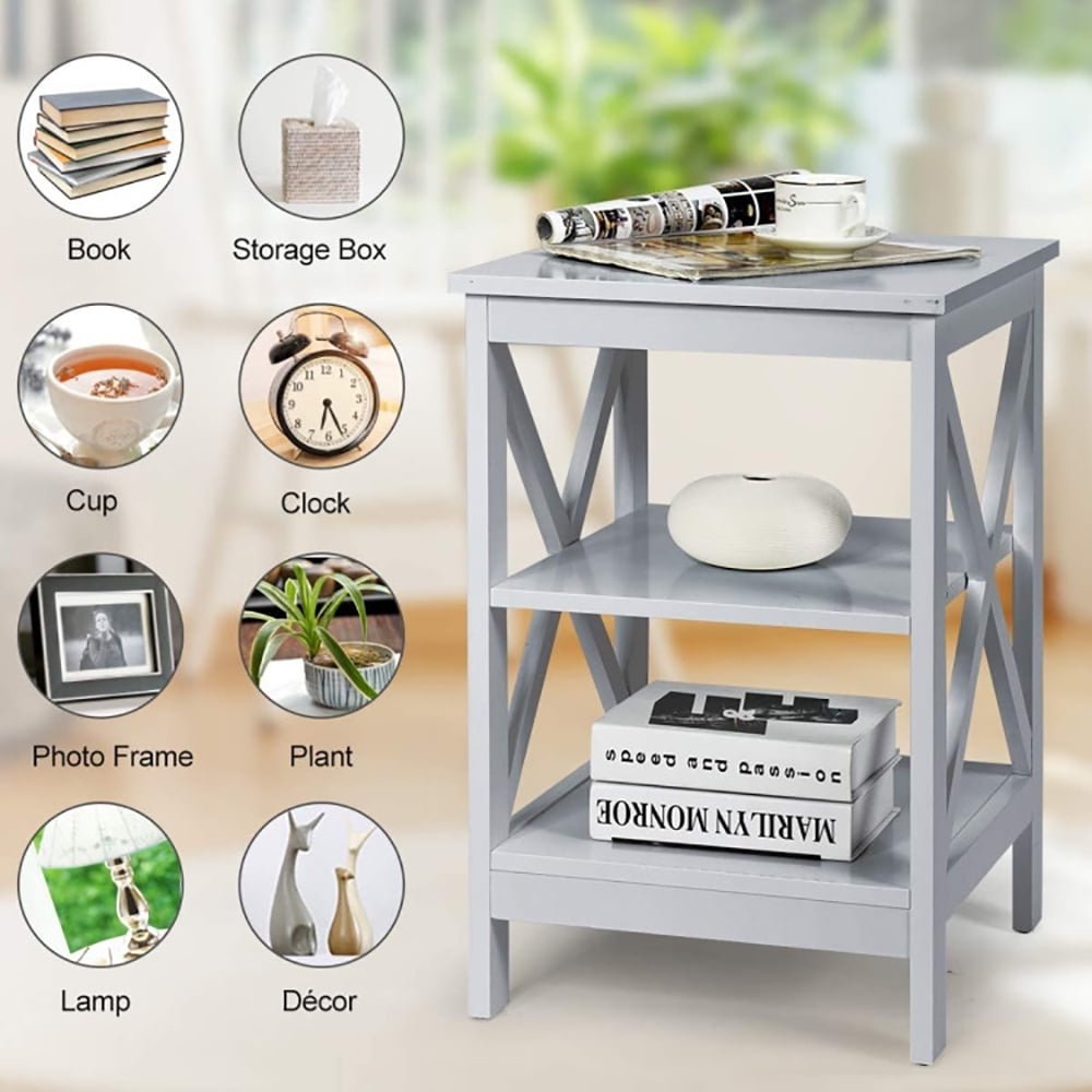 Finihen End Table, 3-Tier X-Design Nightstands with Storage Shelves, Bed Side Tables, for Living Room, Bedroom, Gray Finihen End Table, 3-Tier X-Design Nightstands with Storage Shelves, Bed Side Tables, for Living Room, Bedroom, Gray