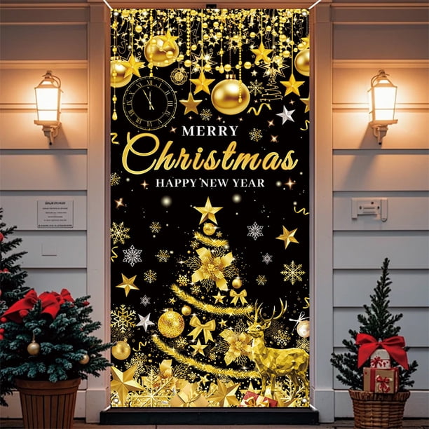 Cubierta de puerta navideña, tela duradera de seda de hielo con resistencia a arrugas, decoración navideña para la decoración estacional del hogar, fácil de limpiar y mantener