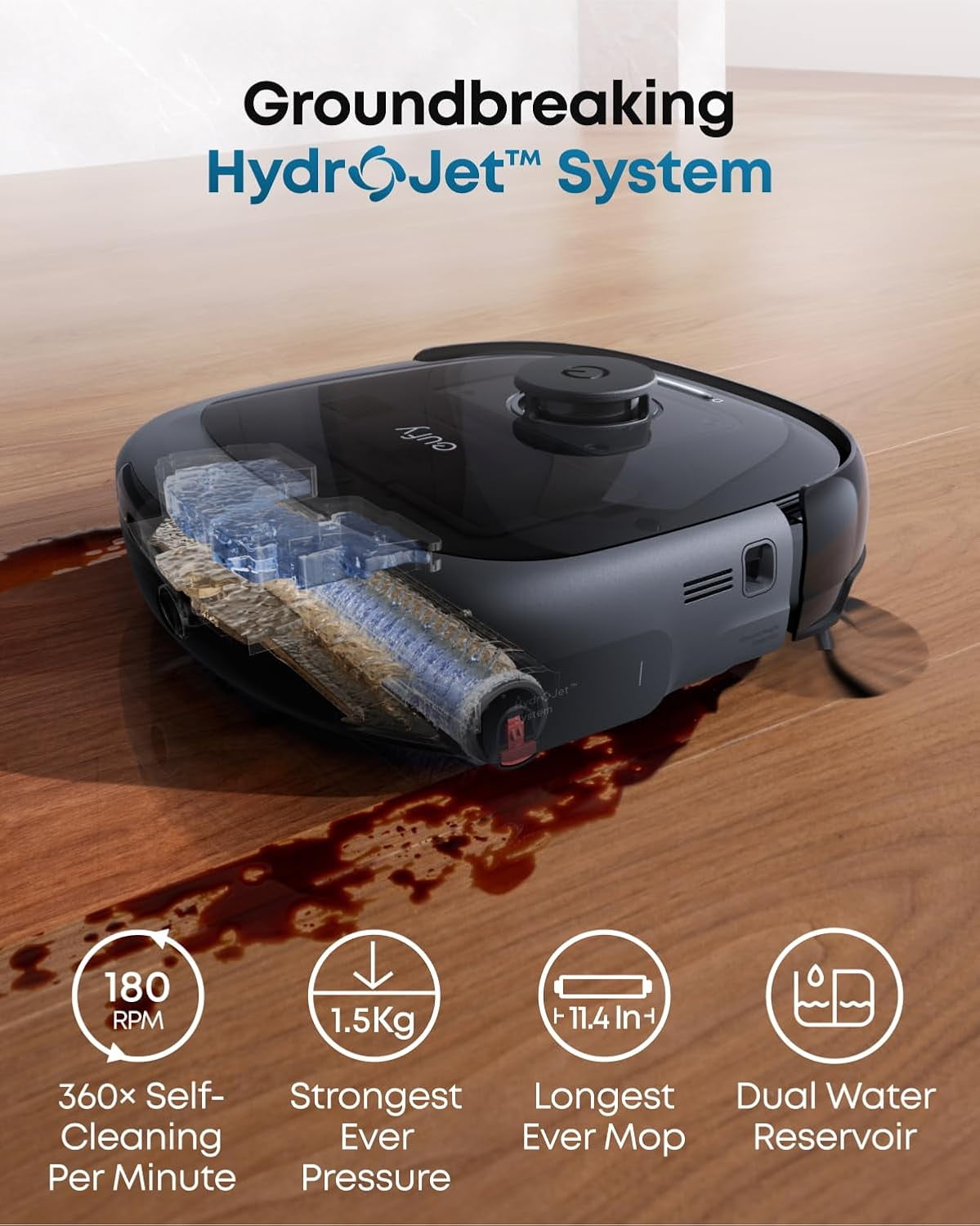 eufy Robot Vacuum Omni E28, HydroJet System , Portable Deep Cleaner, Turbo Suction, DuoSpiral™ Detangle Brushes, CornerRover™ Arm