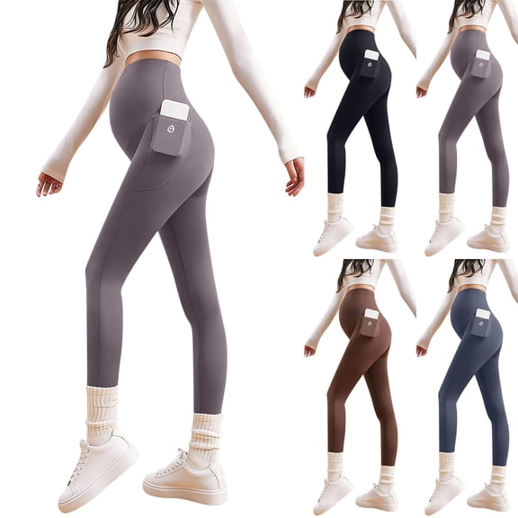 MASRIN Leggings with Pockets for Women Soft Over The Belly Stretch Maternity Yoga Pants Solid Color Casual High Waisted Tights Coffee XL