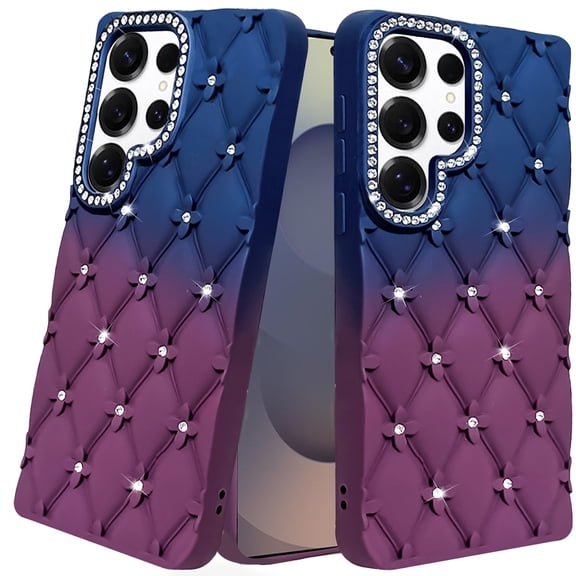 For Samsung s26 Ultra Floral Joy Glitter Shimmer Leather Feel Thick TPU Case - Dark Blue/Burgundy