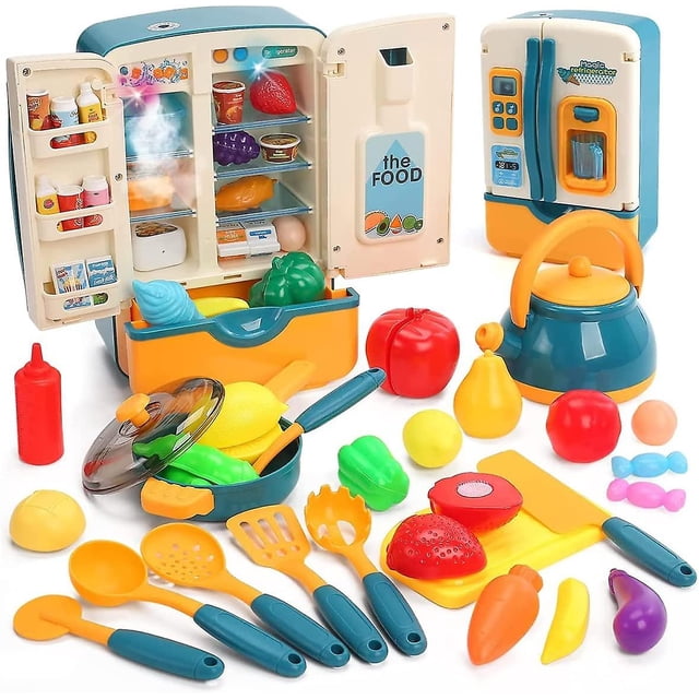 39pcs/set Kids Kitchen Toy Refrigerator Mini Kitchen Food Pretend Play Set Refrigerator With Ice Dispenser Pretend Play Appliance