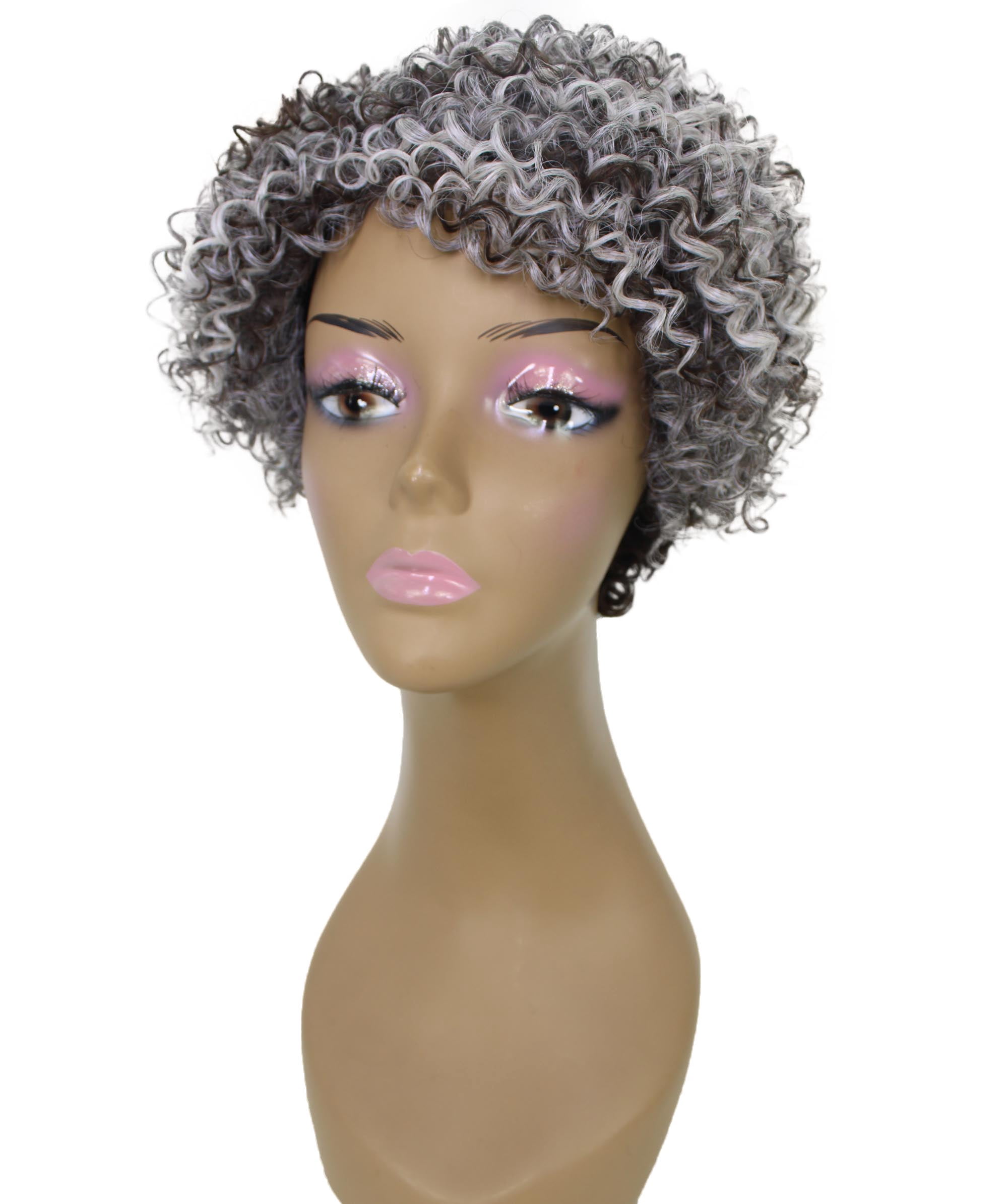 LUXLUXE Leila Curly Kinky 10 in Long Full Wig No Lace Wig, Heat Resistant Fibers, Charcoal Mixed Gray Color