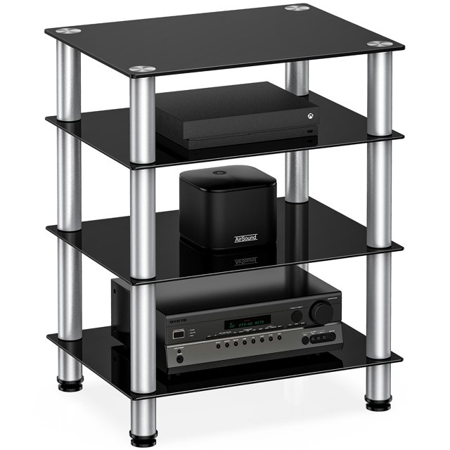 FITUEYES AV Component Media Stand Audio Rack 4-Tier Entertainment Shelves TV Stand for Video Components, Stereo Equipment, Gaming Consoles, Panda Silver Color