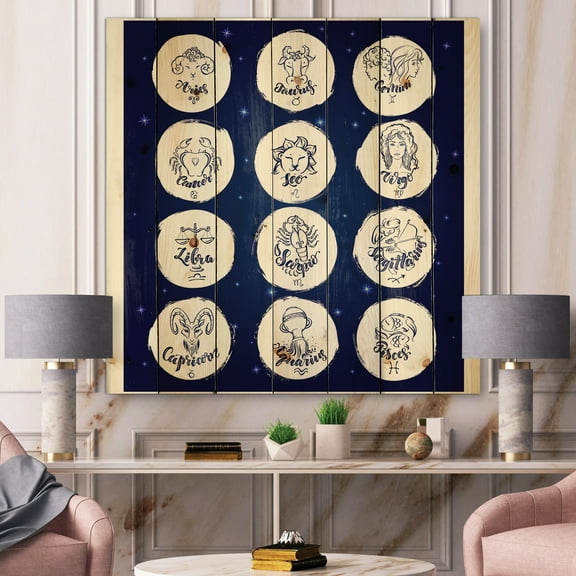 Designart 'Zodiac Diagram & Signs On Blue' Modern Print on Natural Pine Wood