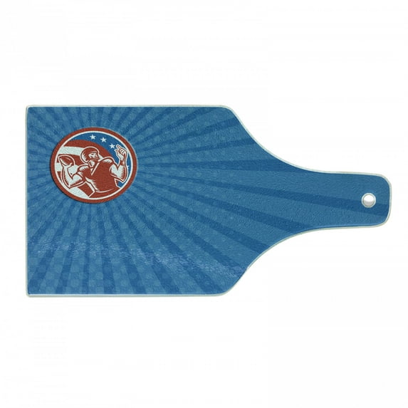 Sports Cutting Board, Pop Art Gridiron with Old Fashioned Visual Properties Throwing Man Print, Tempered Glass Cutting and Serving Board, Wine Bottle Shape, Orange Blue Azure Blue, by Ambesonne