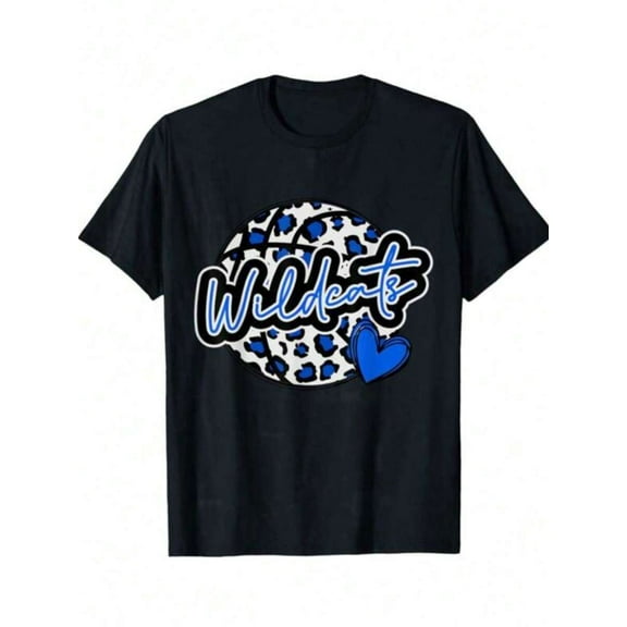 Leopard Cheetah Basketball Wildcats Blue Spirit Game Tee T-Shirt,100% Pure Cotton Short Sleeved Shirt, Suitable For Summer, Loose Casual Round Neck, Men's Letter Printed T-Shirt
