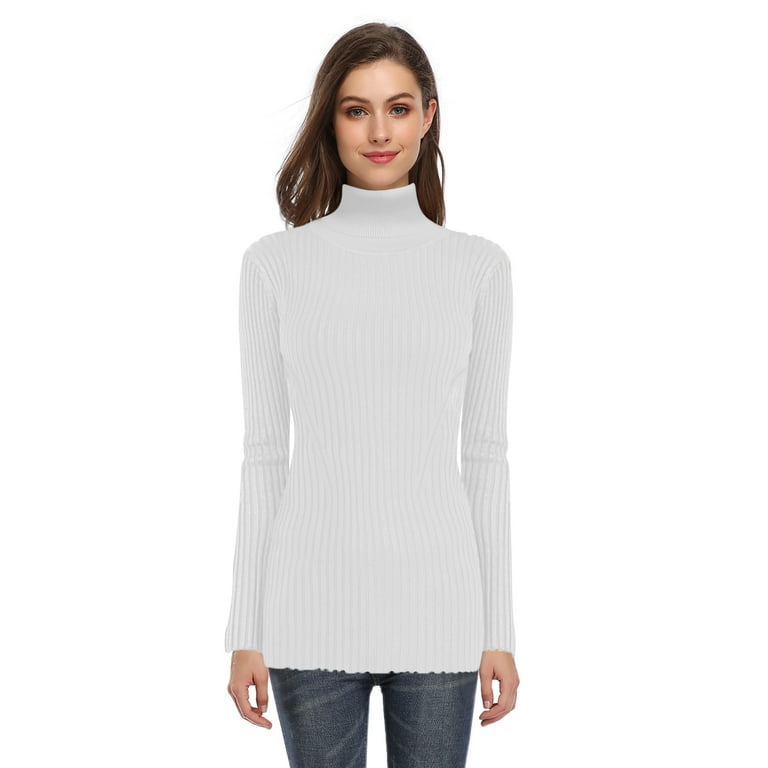 HA-EMORE Women's High Neck Long Sleeve Elastic Knitted Slim Fit Pullover  Sweater Top White M 