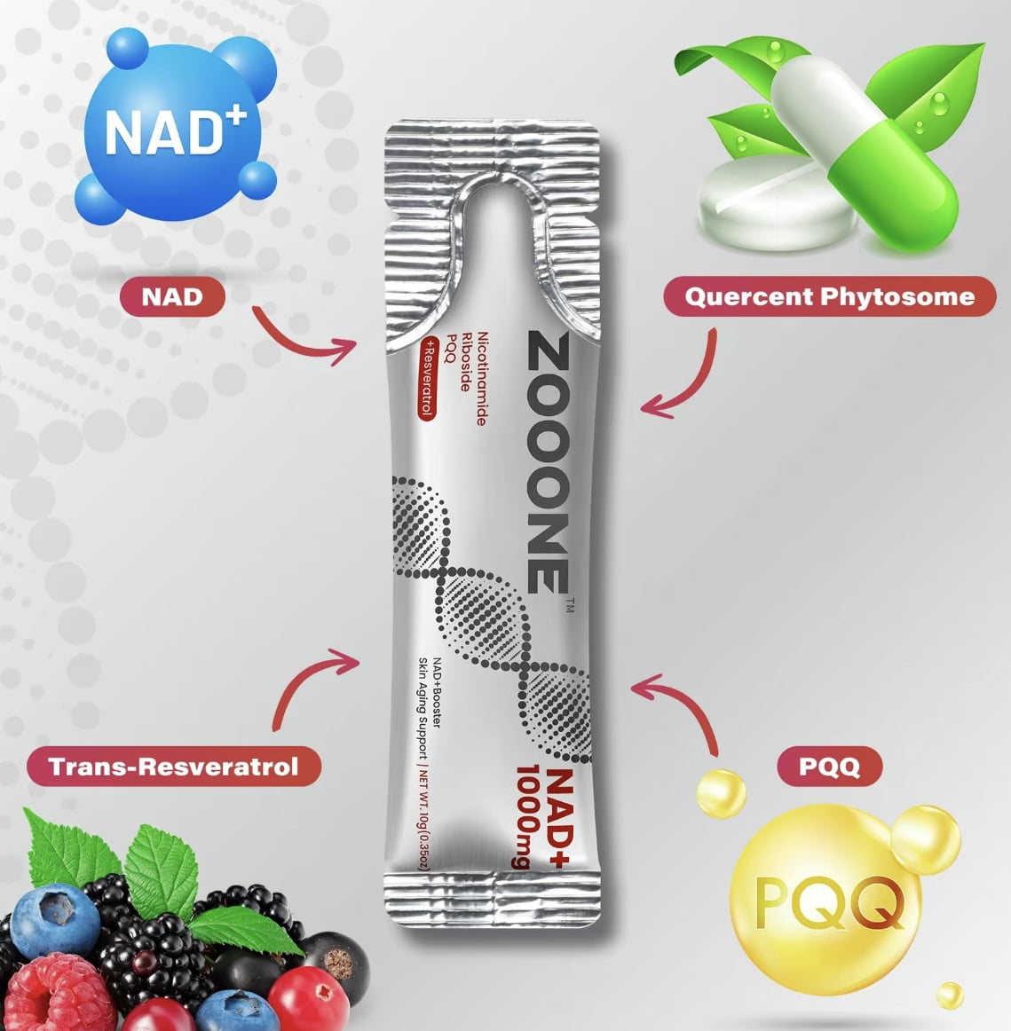 PQQ1000 Zooone Drink Mix 1000MG-NAD, Mix Berry Flavored, for Skin Aging and Energy Supplementation, 30 Packs, 10g