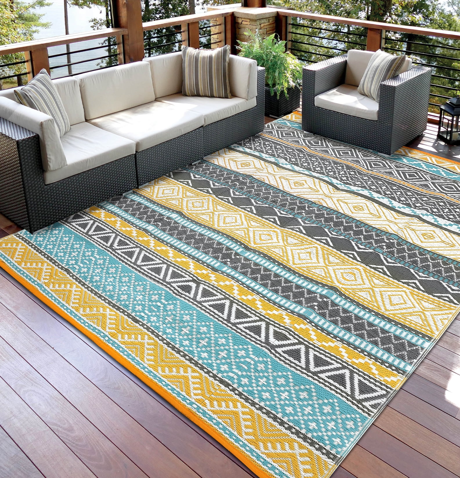 Tzou Waterproof Rugs 9x12ft Reversible Outdoor Rug for Patio, RV and Camping - Lightweight Non-Slip All-Weather Carpet - Indoor/Outdoor Mat
