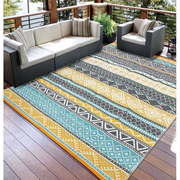 9 x 18 ft Outdoor Patio Rug, Reversible Plastic Straw Rug Mat for RV, Camping, Picnic, Deck, Porch, Balcony and Beach, Yellow and white