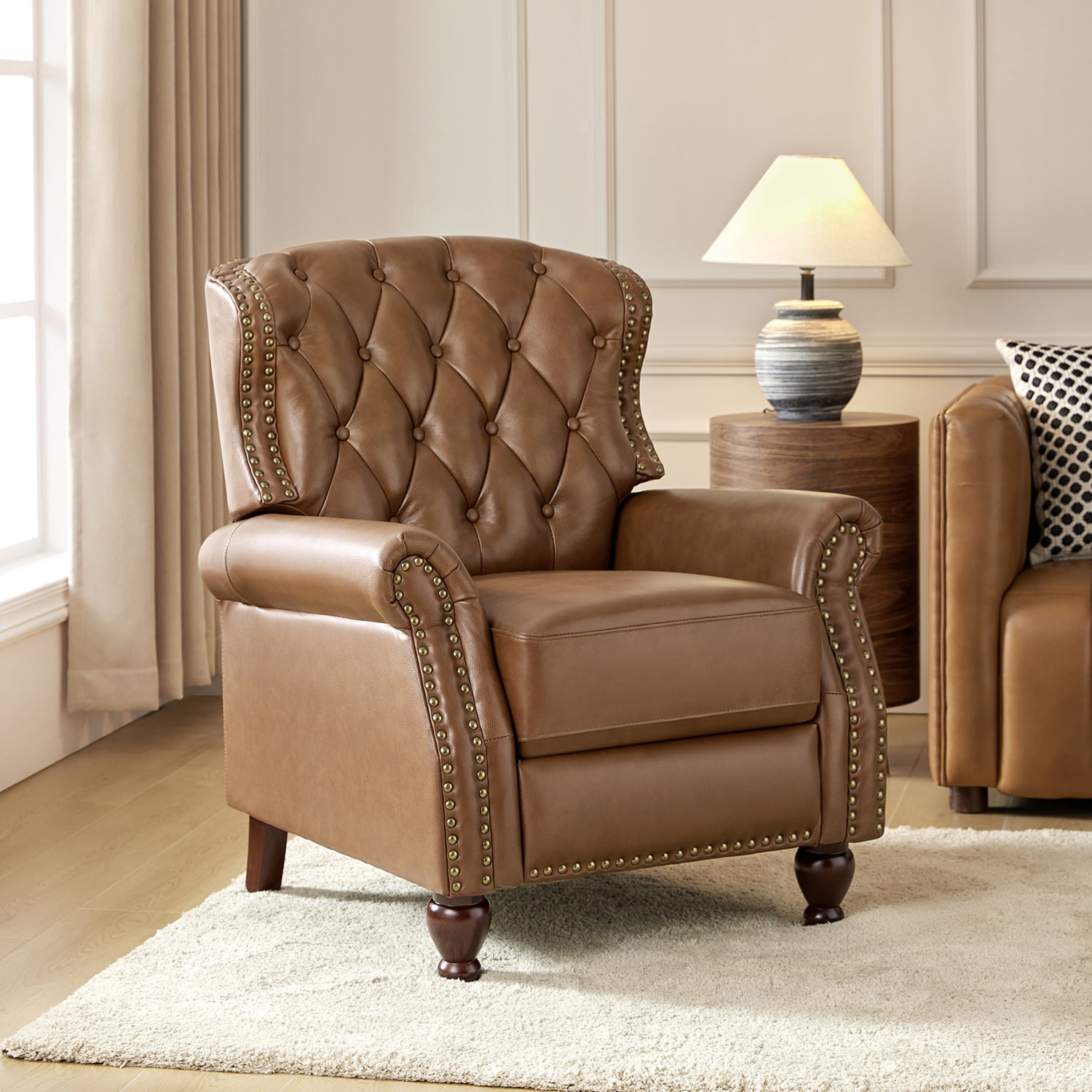 Traditional Genuine Leather Push Back Wingback Recliner Chair Tufted with Nailhead Trims and Solid Wood Legs for Living Room Camel