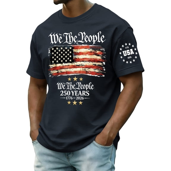 Zimjoy Men's Patriotic We The People T-Shirt 250th Anniversary 1776-2026 American Flag Short Sleeve Crew Neck Casual Summer Tee for 4th of July Navy L