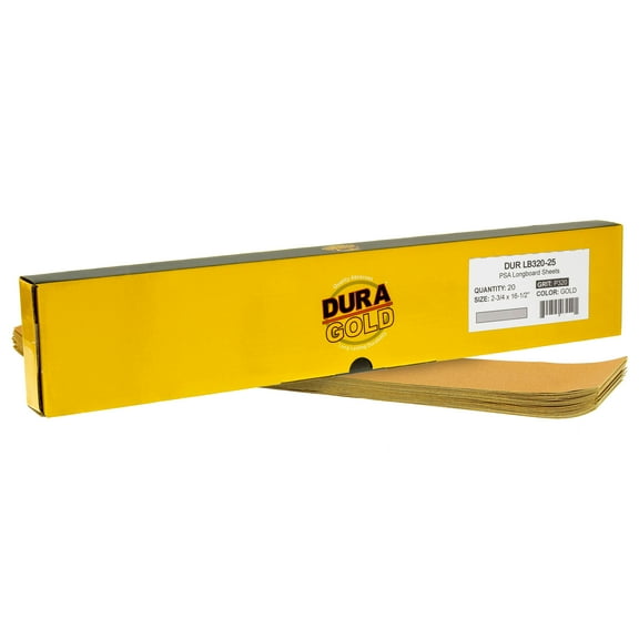 Dura-Gold Premium 320 Grit Gold Pre-Cut PSA Longboard Sandpaper Sheets, Box of 20, 2-3/4" x 16-1/2" Self-Adhesive Stickyback Sandpaper for Auto, Woodworking Air File Sander, Hand Sanding Block