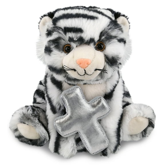 DolliBu Squat White Tiger Stuffed Animal with Silver Cross Plush - Religious Baby Baptism Gifts for Boys and Girls, Cute Baby Dedication Christening Gifts Plush Prayer Toy Healing Teddy - 8 Inches