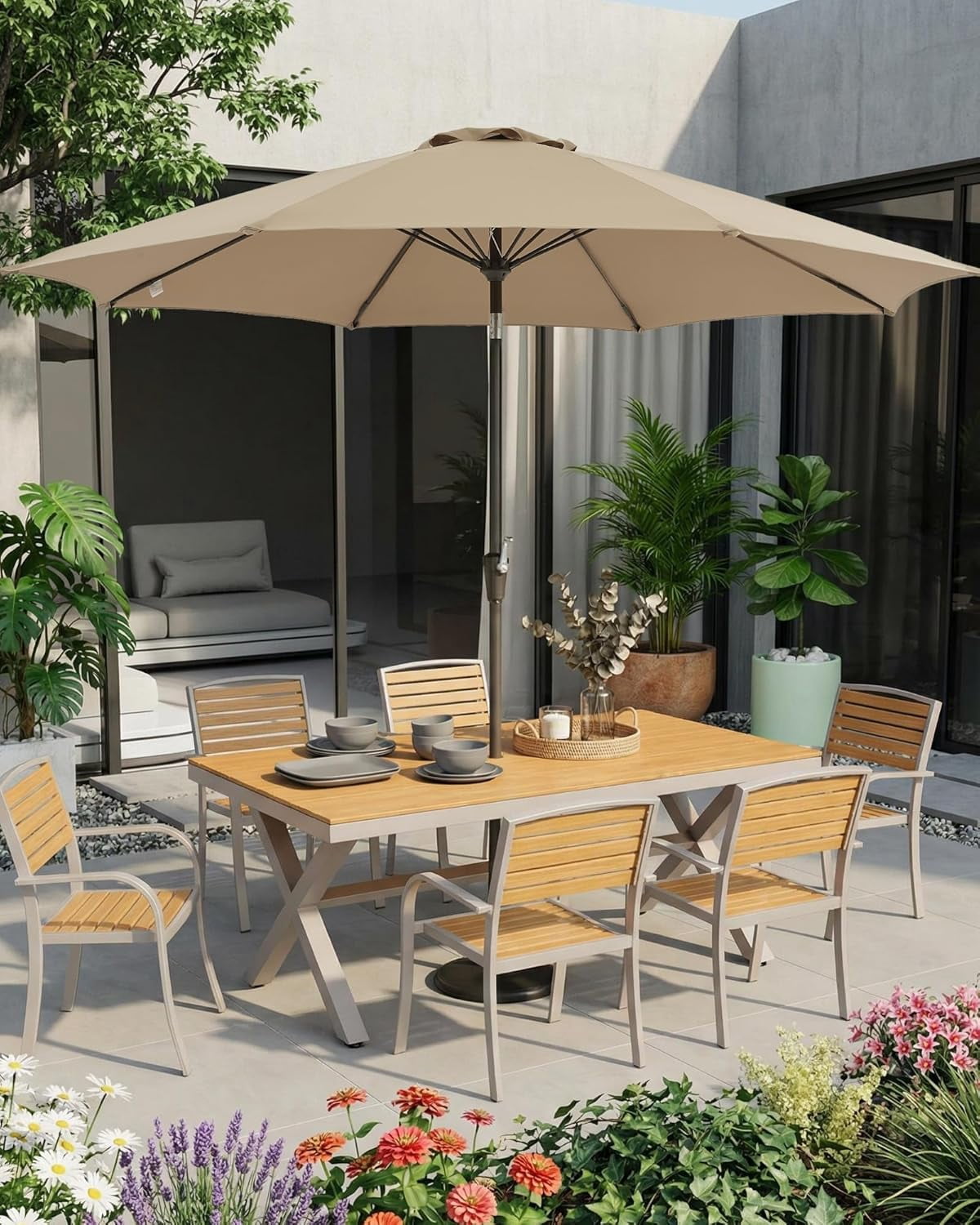 SOLLED 9FT Patio Umbrella with Push Button Tilt & Crank, Outdoor Market Table Umbrella with 8 Ribs for Garden Backyard Deck Pool,Brown
