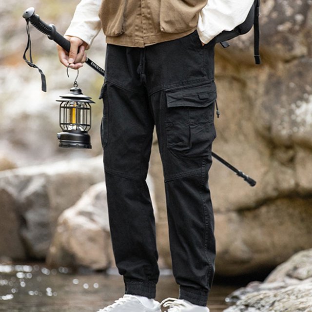 Pantalones largos de moda para hombre, casuales, de color sólido, con bolsillos cargo y cintura elástica, de poliéster.