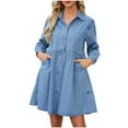 thumbnail image 1 of AherBiu Womens Jean Dresses Long Sleeve Button Down Lapel V Neck A-Line Ruffle Short Denim Dress with Pockets, 1 of 7