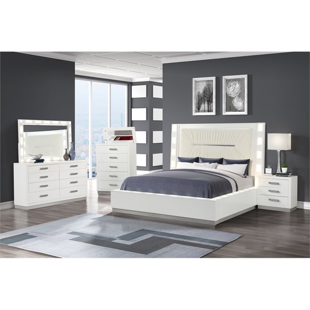Coco Queen 5N Pc LED Bedroom Set Made with Wood in Milky White