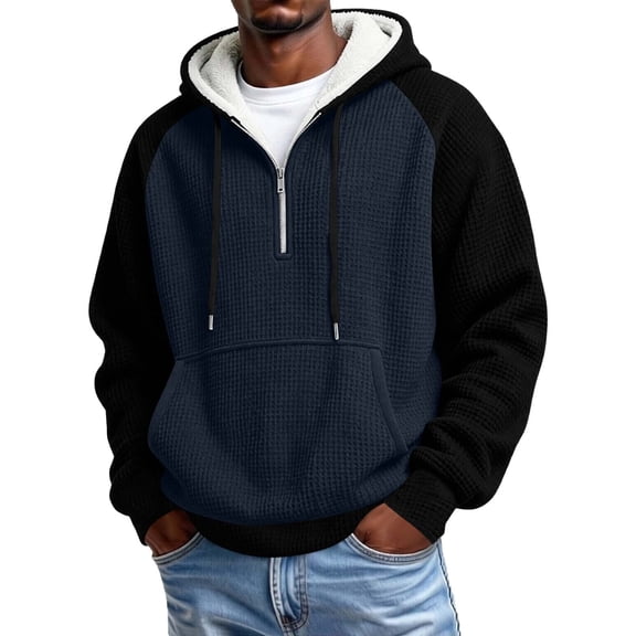 YSUEJPF Mens Fleece Waffle Sweatshirt Fall Winter Warm Quarter Zip Pullover Casual Color Block Long Sleeve Sweatshirt Sweater