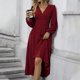 thumbnail image 4 of mfyjkho Vestidos para mujer, Vestido de lana de color liso con escote en V para mujer, mangas farol, falda larga plisada y cintura alta. Vestidos festivos xl, 4 of 9