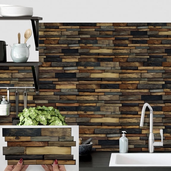 12 Pcs/Set Peel and Stick Tile Stickers Brown and Gray Wood Grain 9.68 x 4.72inches DIY Decor Mosaic Wall Decals for Kitchen Bathroom