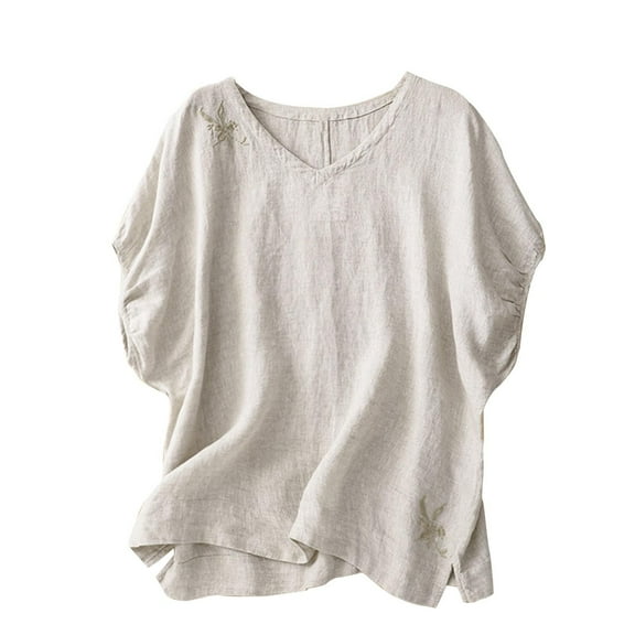 Summer Cotton and Linen Shirts for Womens Plus Size Solid Color Collar Button Up Short Sleeved Shirt Blouses