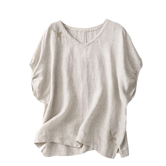 Mrat Half Sleeve T-Shirt Women's Solid Color Cotton and Linen Collar Button up Short Sleeved Shirt Blouses Womens Short Sleeve Blouses S-76 Beige M