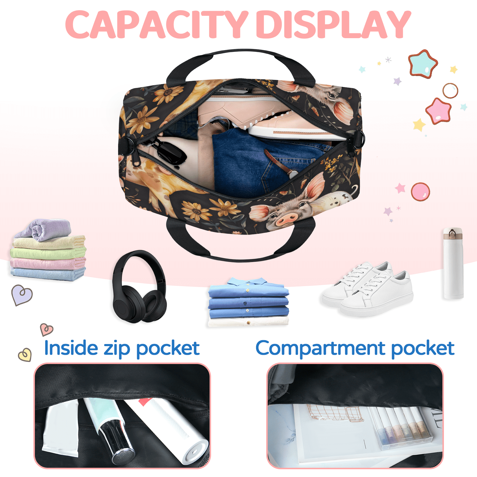 Herdesigns Floral Pig Animal Gym Bag for Women, Duffle Bag for Travel Sport, Lightweight Waterproof Carry on Weekender Overnight Dance Yoga Workout Bags