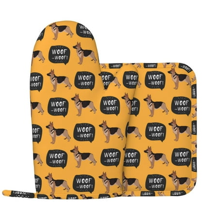 

German Shepherd Dog No.1002 Oven Mitts and Pot Holders Sets with 1 Non-Slip Left Silicone Oven Mitts and 1 Heatproof Insulated Hot Pads for Kitchen Use in Cooking Baking Grilling