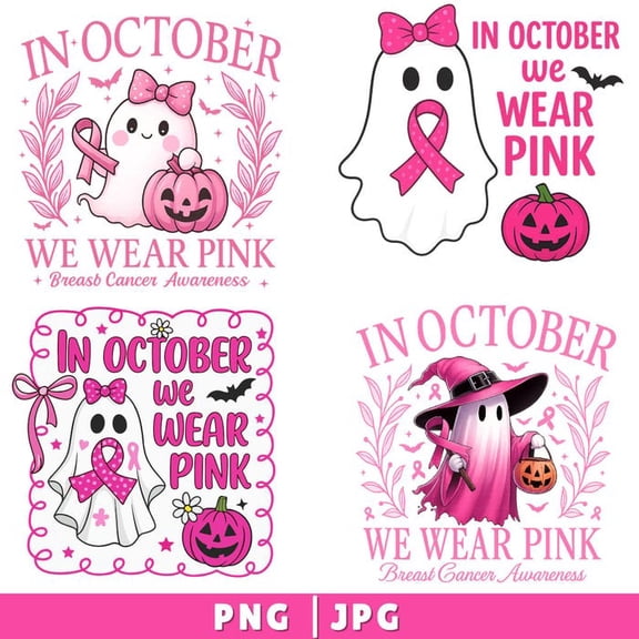 In October We Wear Pink PNG Png, Breast Cancer Awareness Png, Retro Breast Cancer Png, Halloween Pink Ghost png, Halloween Shirt Sublimation