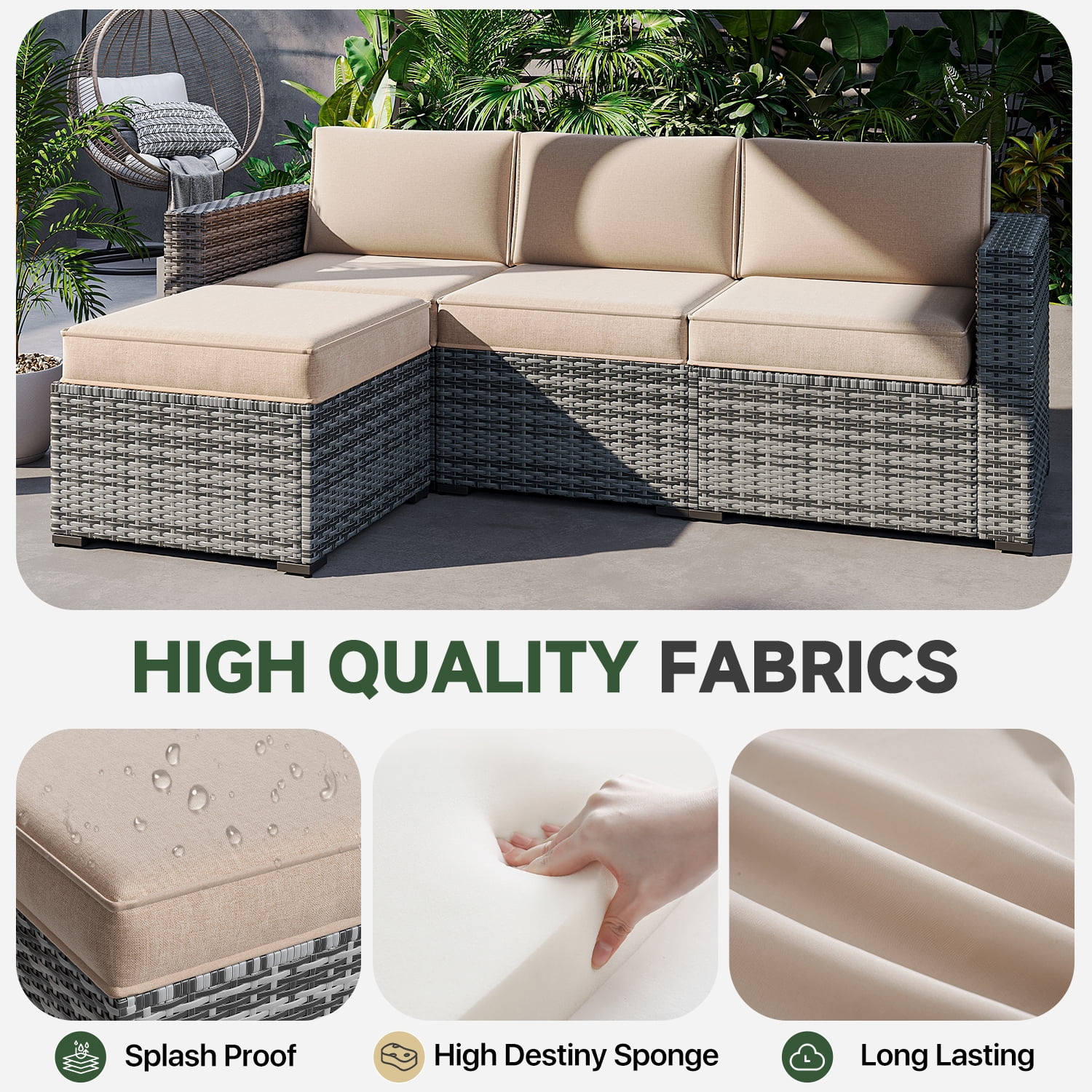 BaPiPro 4-Person Beige Outdoor Sectional Sofa Cushions, Waterproof Polyester Patio Cushions with High-Density Sponge, No Assembly Required, for Backyard, Balcony, Deck, Poolside