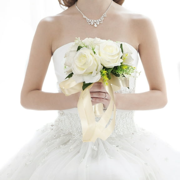 Artificial Rose Bridal Bouquet – Silk Flower Wedding Bouquet with Ribbon Wrap for Bride, Prom, Party & Home Decor