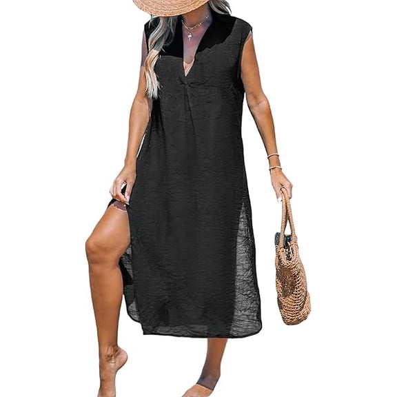 Women's Swimsuit Coverup Casual Sleeveless Side Split Long Cardigans V Neck Midi Beach Dress