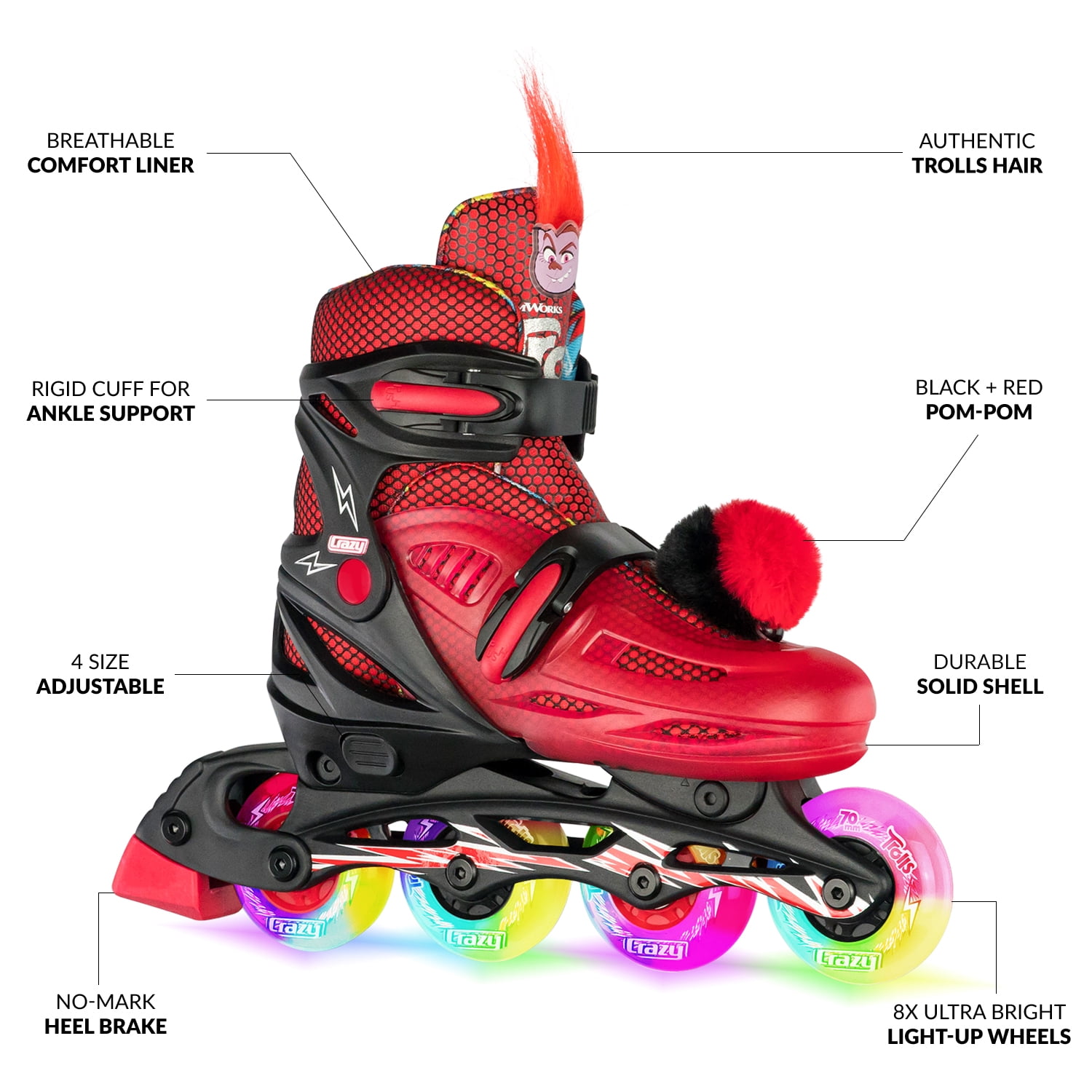 Crazy Skates Trolls Size Adjustable Inline Skates - Featuring Poppy or Barb from TROLLS