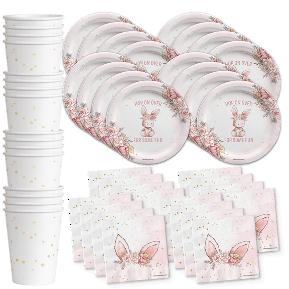 Easter Plates - Easter Party Supplies - Some Bunny Birthday Party Supplies - Tableware Set Includes Plates Napkins Cups - Kit for 16