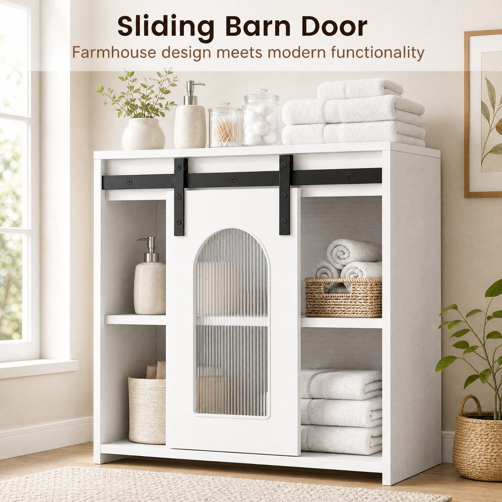 Vebreda Freestanding Bathroom Storage Cabinet, Farmhouse Bathroom Floor Cabinet with Sliding Barn Door, Large Storage Capacity