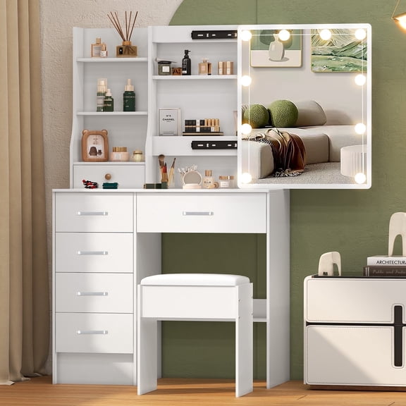 Caulitar Modern Makeup Vanity Set with Lights and Mirror, Vanity Desk with 6-Drawers and Stool, White