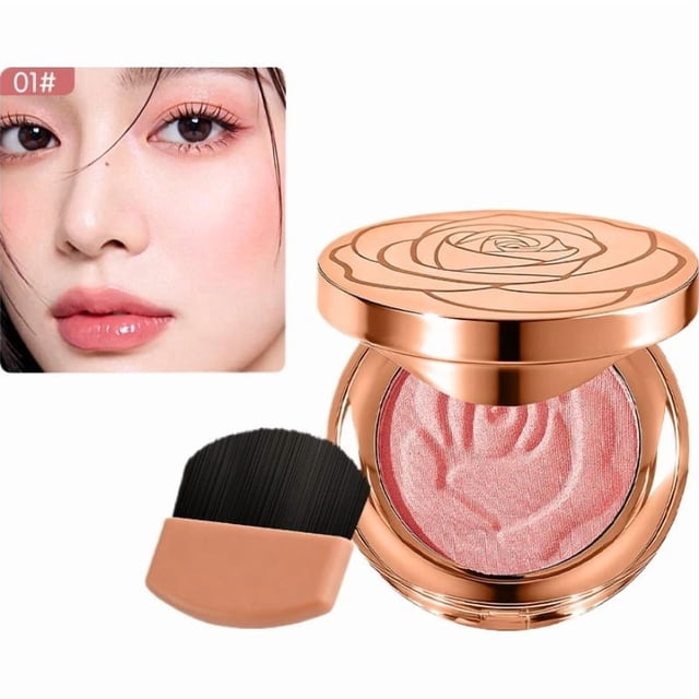Rose Embossed Powder Blush Compact, Spring Orange Shade with Mirror & Brush, Natural Radiant Finish Face Makeup, Long-Lasting Sweet Aura