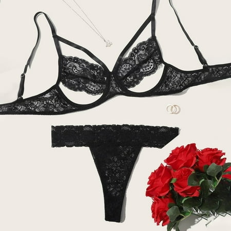 

New Women Plus Size Lace Lingerie Bra+Thong Underwear Set Black Sleepwear